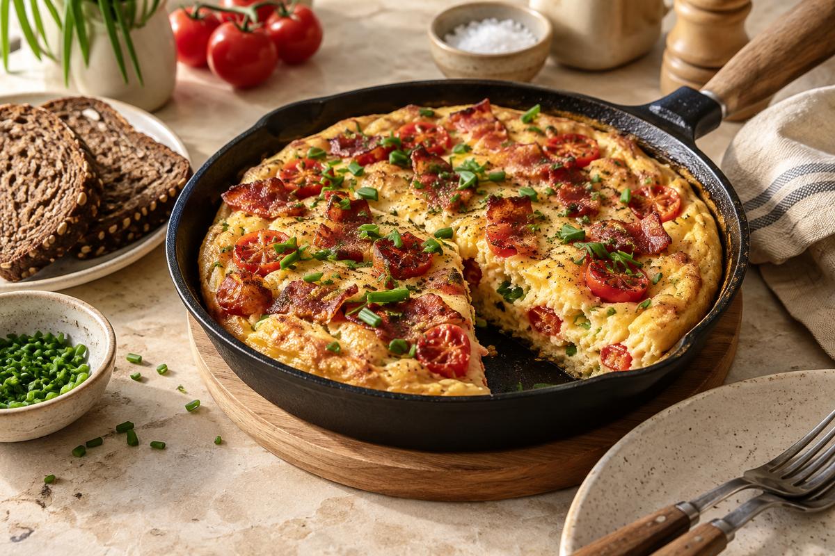 Æggekage med bacon, tomat og purløg