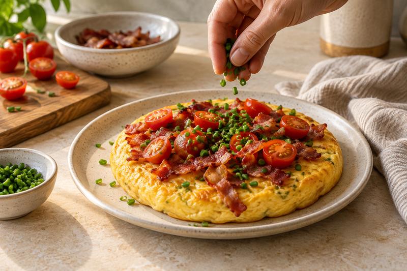Giv æggekagen sin topping – Æggekage med bacon, tomat og purløg