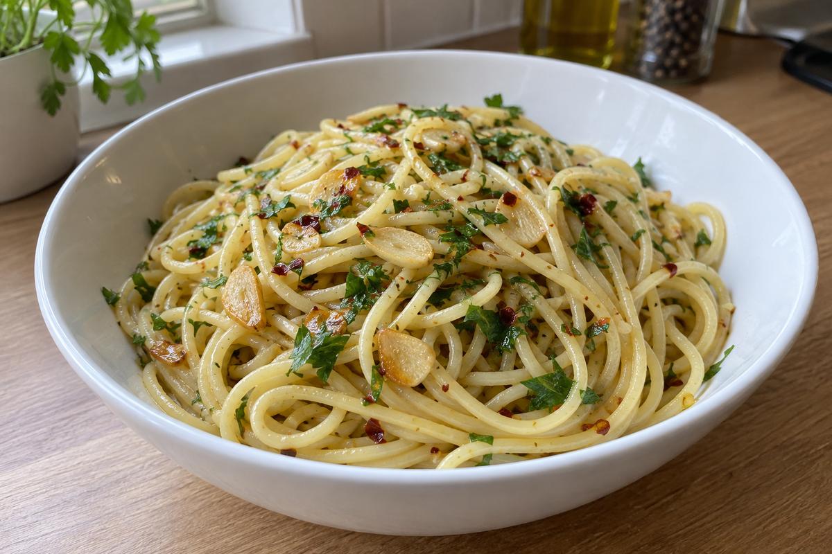 Spaghetti aglio e olio med hvidløg og persille
