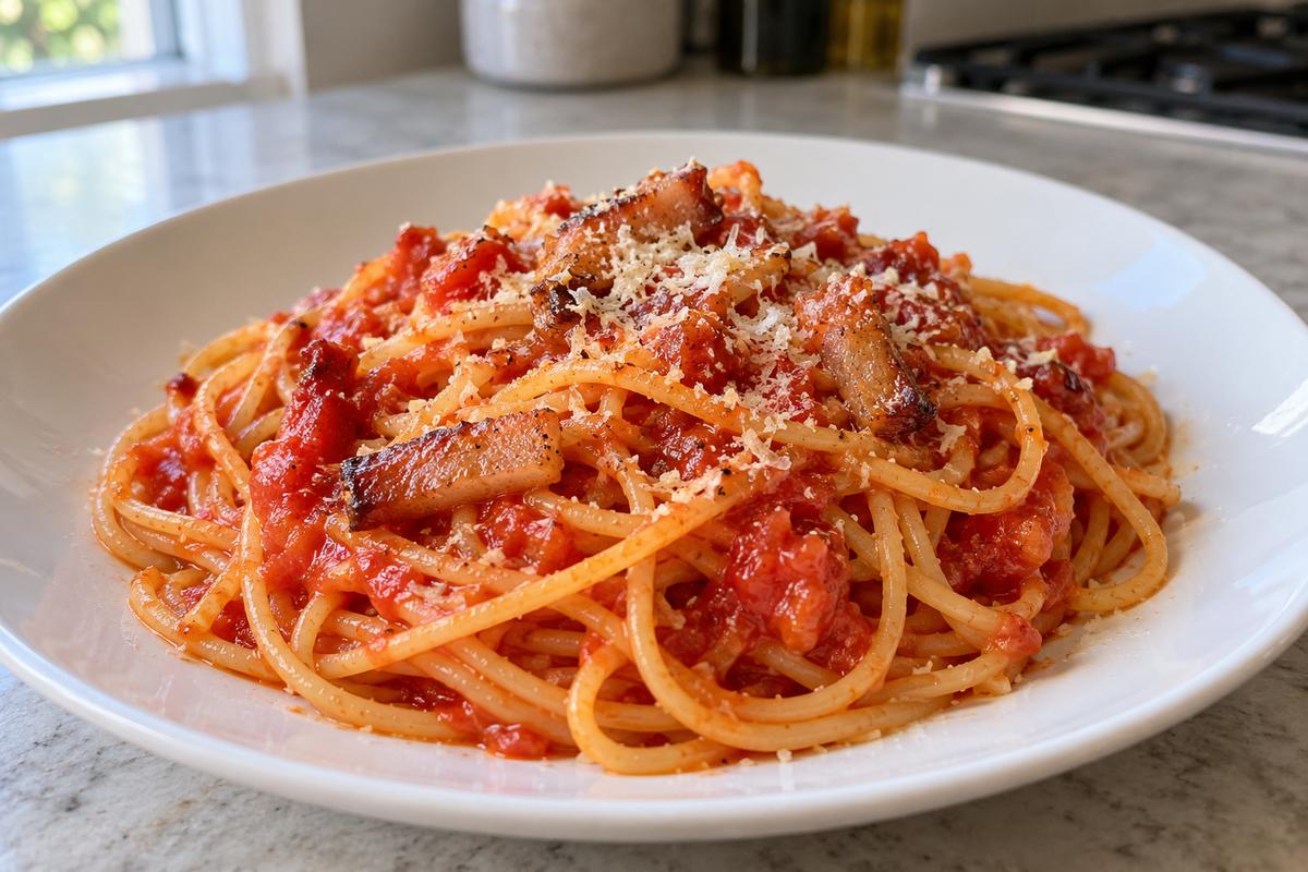 Pasta amatriciana med guanciale og pecorino