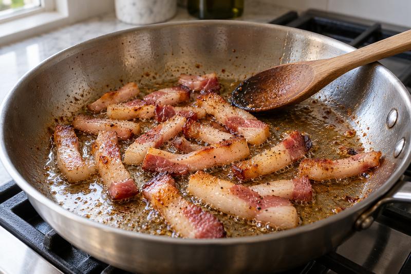 Steg guancialen roligt – Pasta amatriciana med guanciale og pecorino
