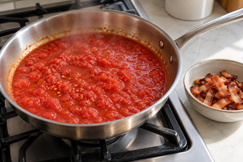 Kog tomatsaucen ind – Pasta amatriciana med guanciale og pecorino