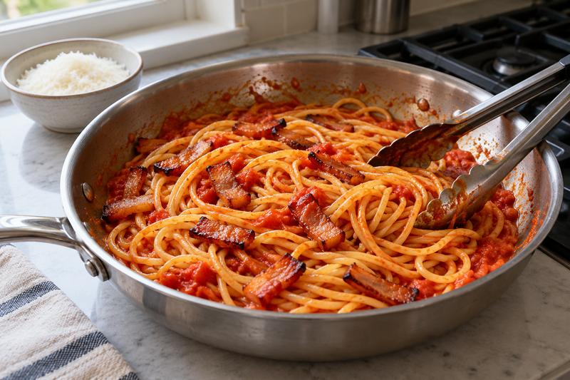 Vend pastaen færdig i saucen – Pasta amatriciana med guanciale og pecorino