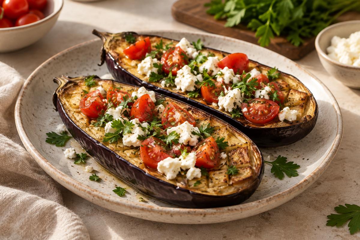 Bagte auberginer med feta, tomat og persille