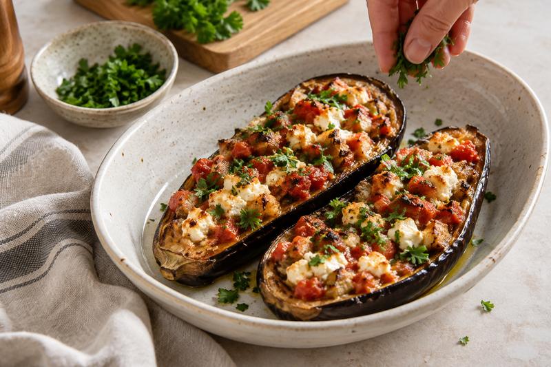 Giv fetaen varme og slut med persille – Bagte auberginer med feta, tomat og persille