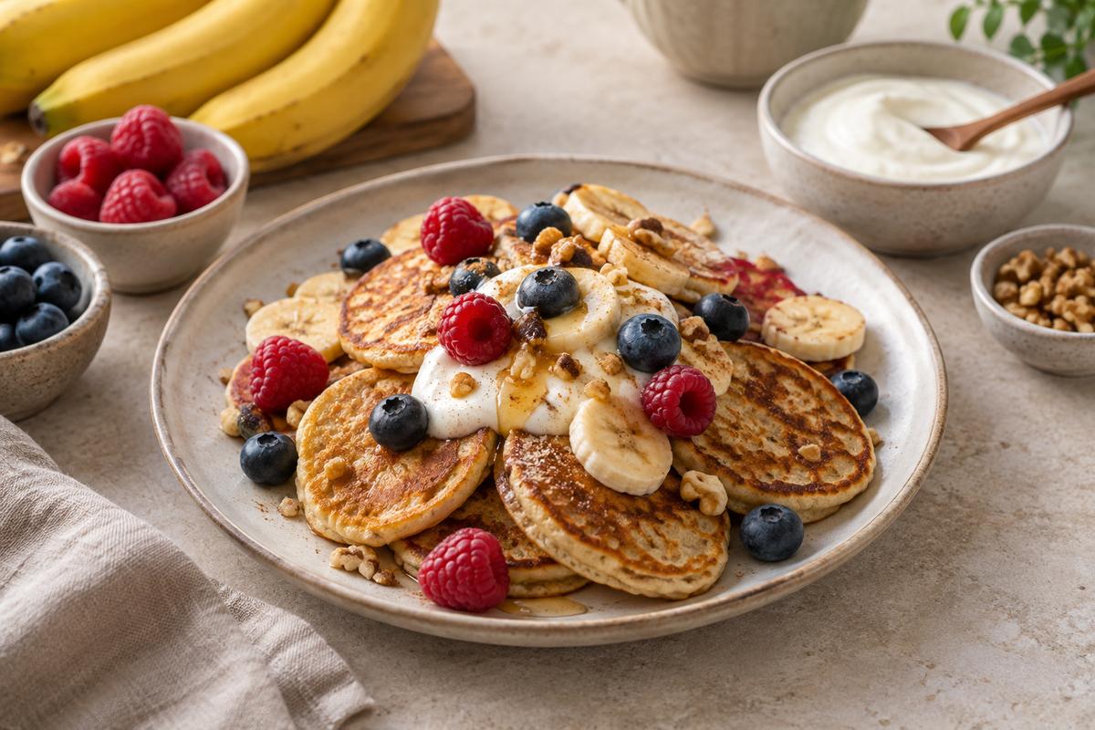 Bananpandekager med bær og yoghurt