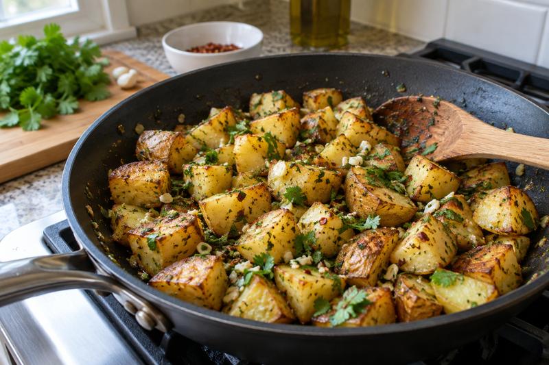Vend med hvidløg, chili og urter – Batata harra med hvidløg og koriander