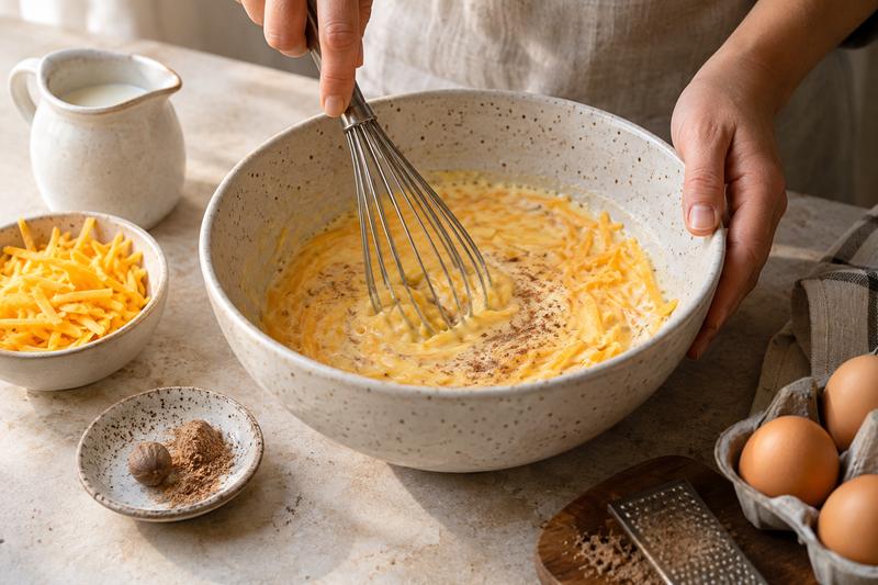 Pisk en enkel æggeblanding – Blomkålsgratin med æg og gylden ost