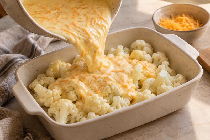 Hæld over og bag, til midten har sat sig – Blomkålsgratin med æg og gylden ost