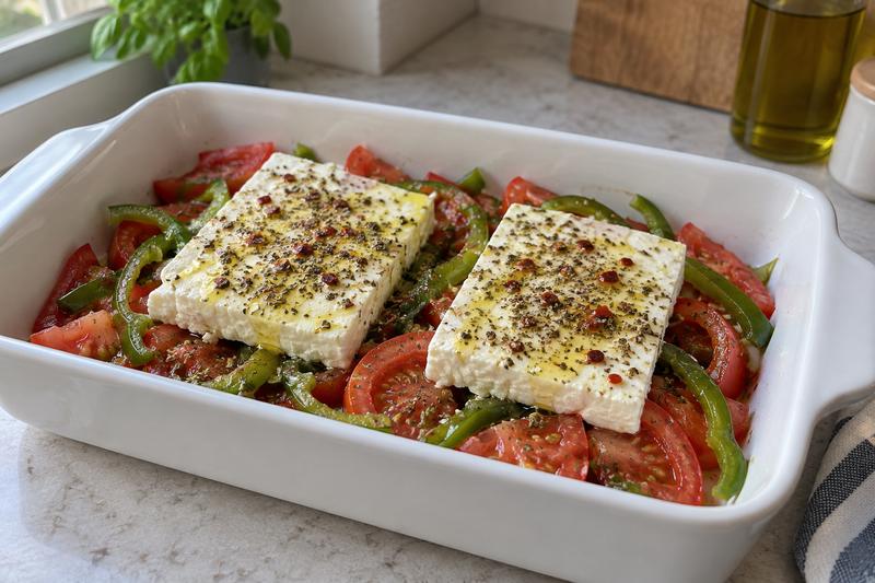 Læg feta og grøntsager i fadet – Bouyiourdi – ovnbagt feta med tomat og peber