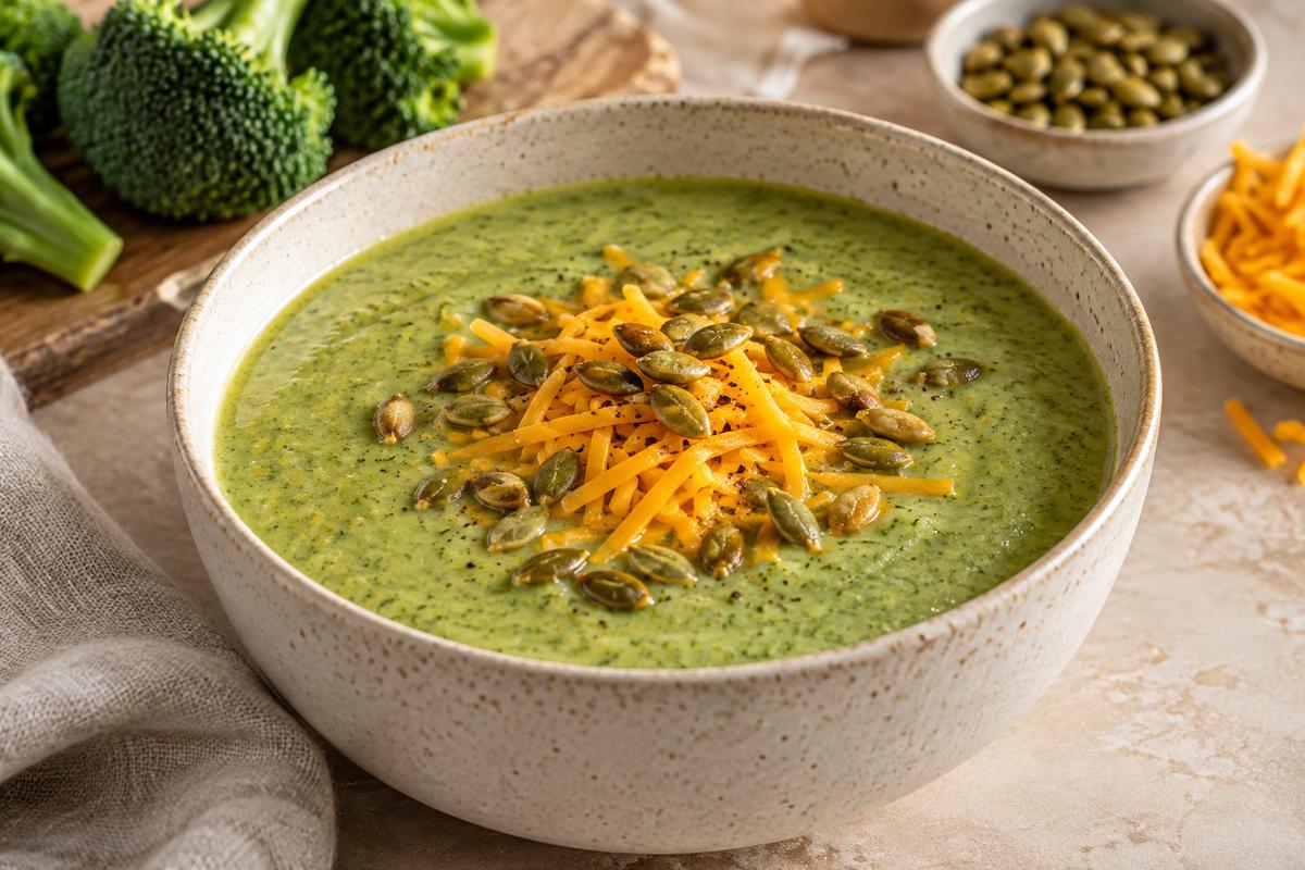 Broccolisuppe med cheddar og græskarkerner