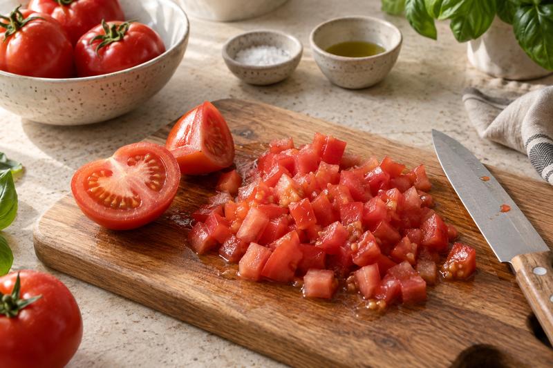 Skær tomaterne i små stykker – Bruschetta med tomat og basilikum