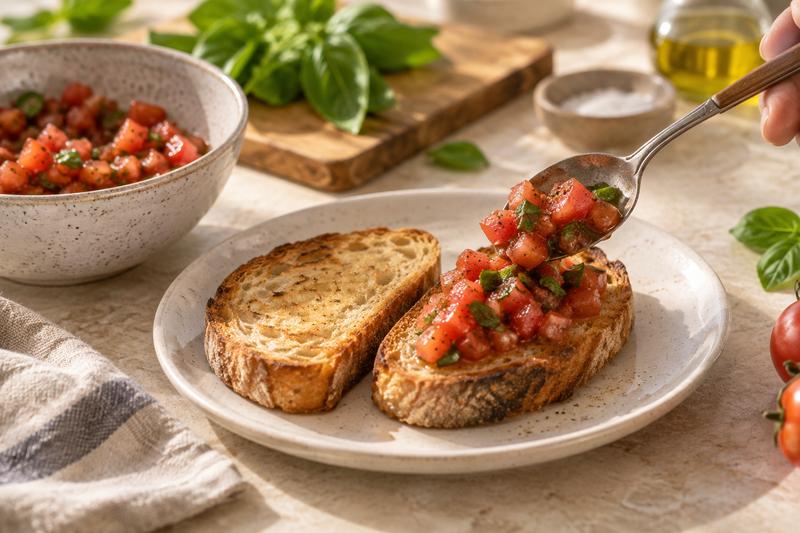 Top brødet ved servering – Bruschetta med tomat og basilikum