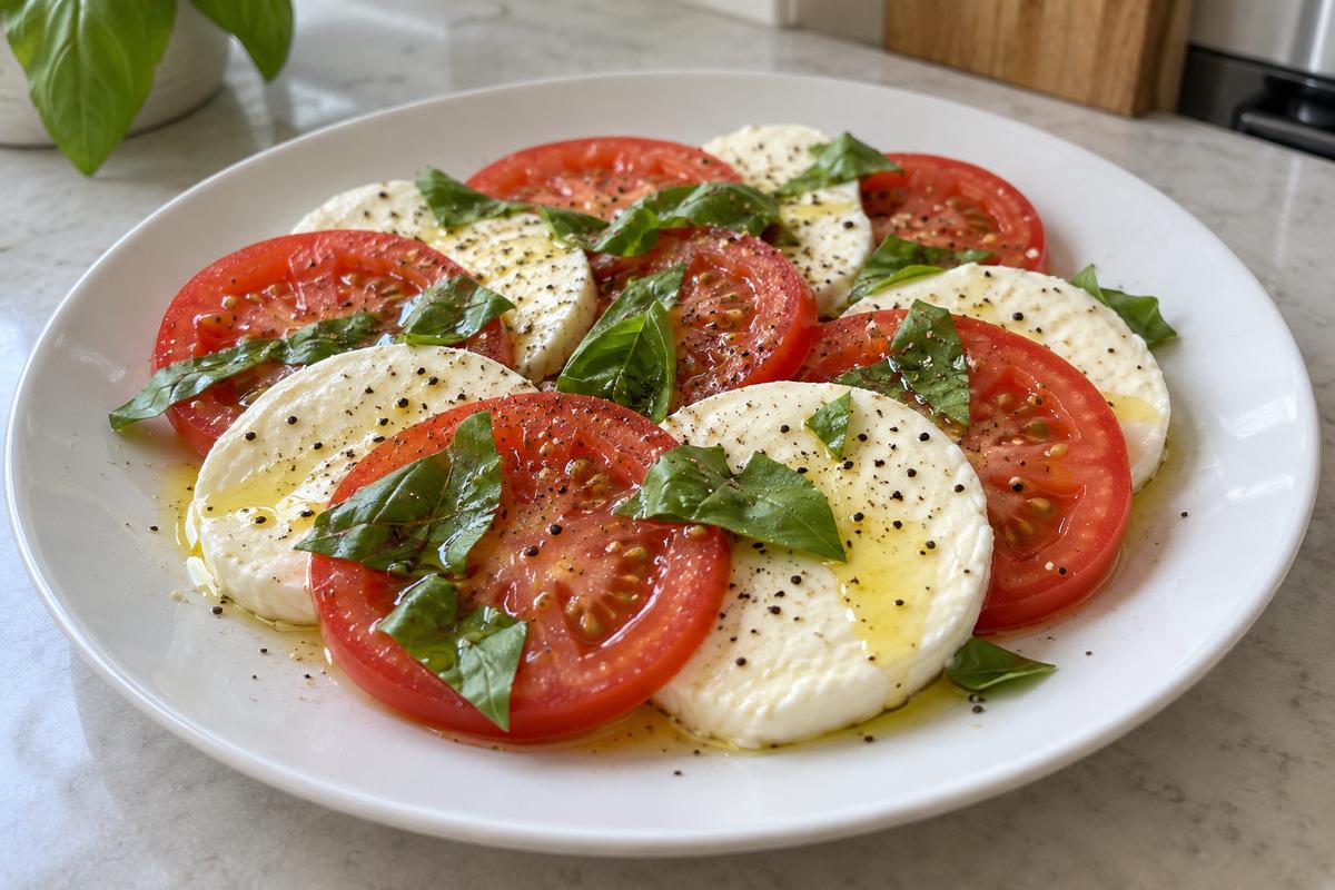 Caprese med tomat, mozzarella og basilikum