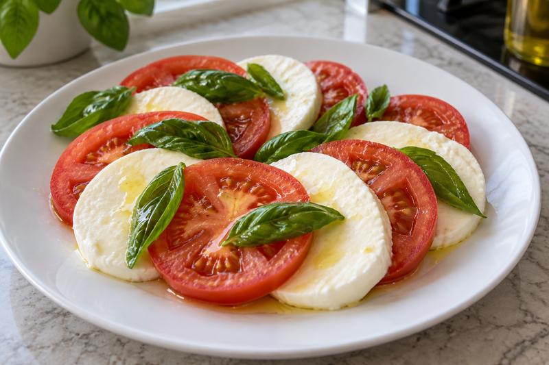 Afslut med basilikum og olie – Caprese med tomat, mozzarella og basilikum