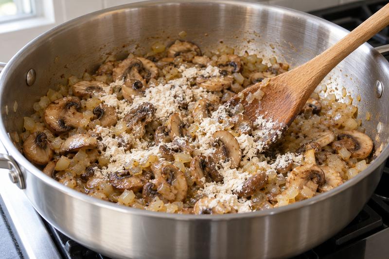 Tilsæt løg, mel og bouillon – Champignonsuppe med fløde og timian