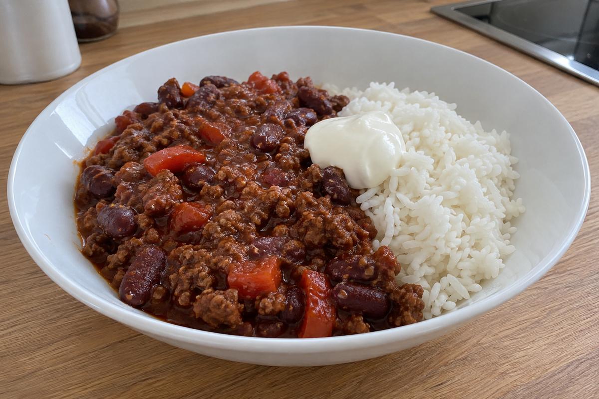 Chili con carne med bønner og ris