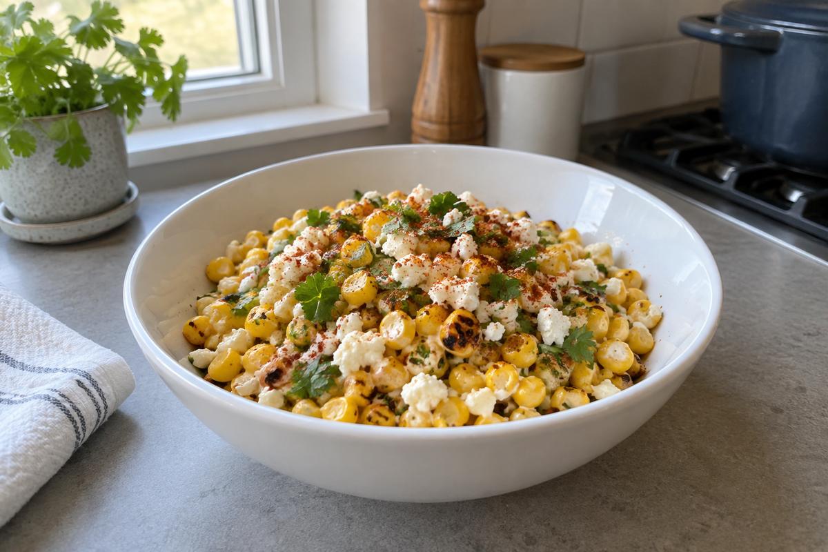 Esquites med lime, chili og feta