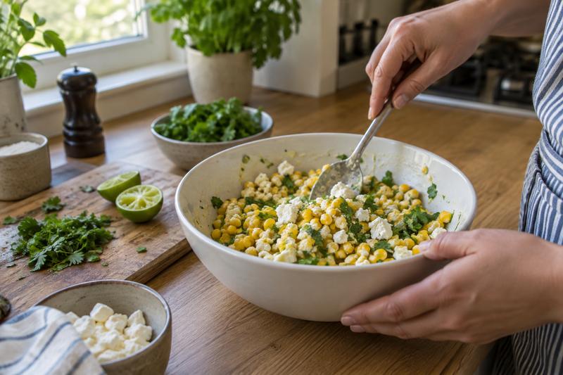 Bland og servér lune – Esquites med lime, chili og feta