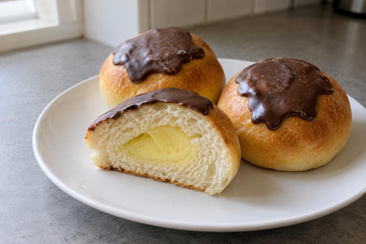 Fastelavnsboller med vaniljecreme og kakaoglasur