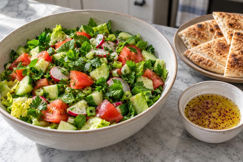 Skær grønt og rør dressing – Fattoush med sprødt pitabrød og sumak