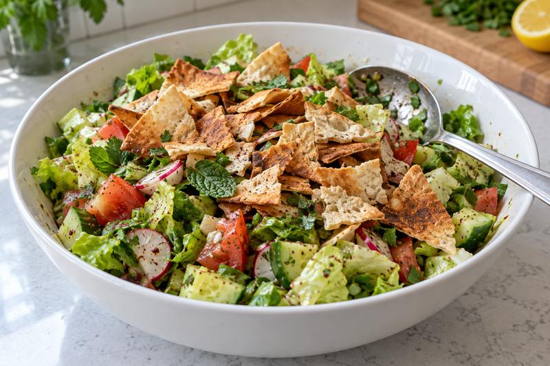 Vend sammen lige før servering – Fattoush med sprødt pitabrød og sumak