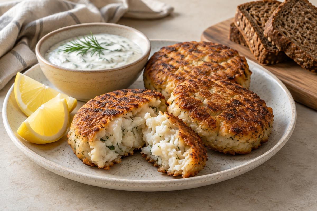 Fiskefrikadeller med dilddip og rugbrød