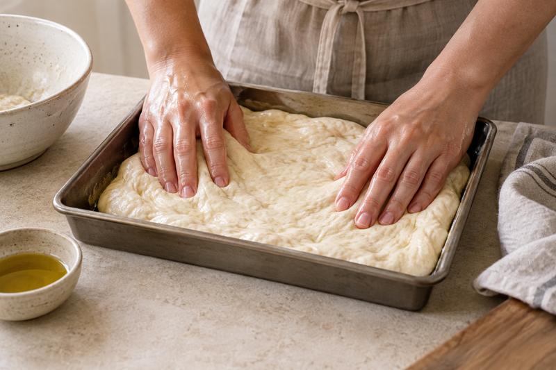 Fordel dejen nænsomt i formen – Focaccia med rosmarin og flagesalt