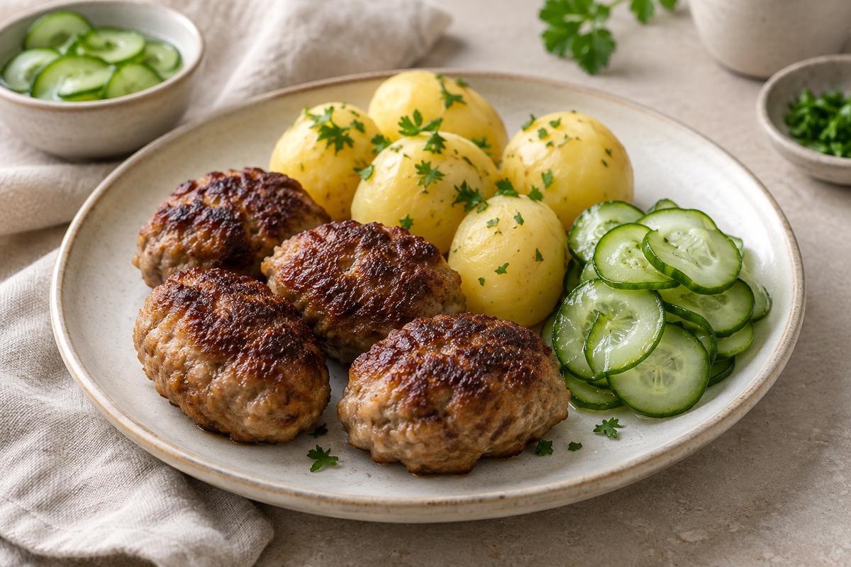 Frikadeller med kartofler og agurkesalat