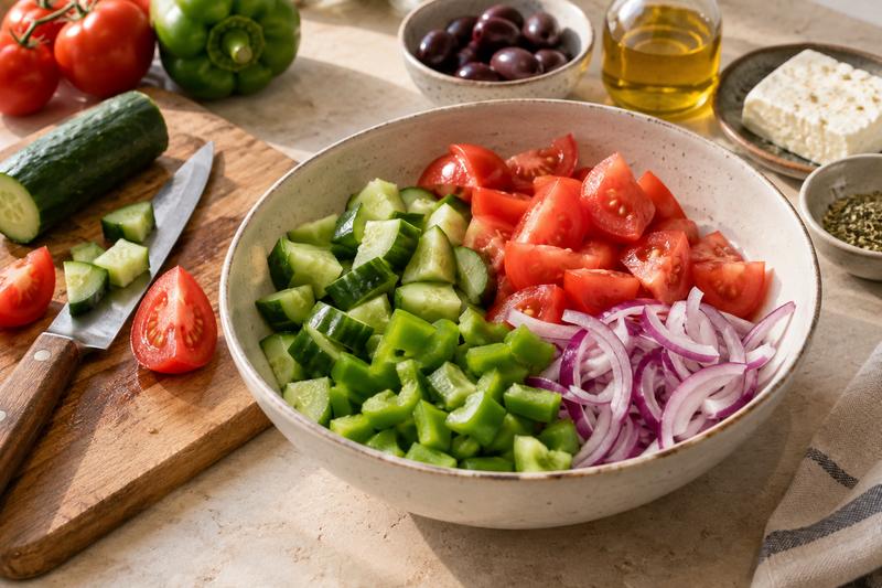 Skær grøntsagerne med bid – Græsk salat med feta og oliven