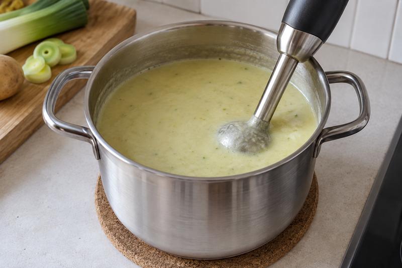 Blend kort og varm op med fløde – Kartoffel-porresuppe med purløg