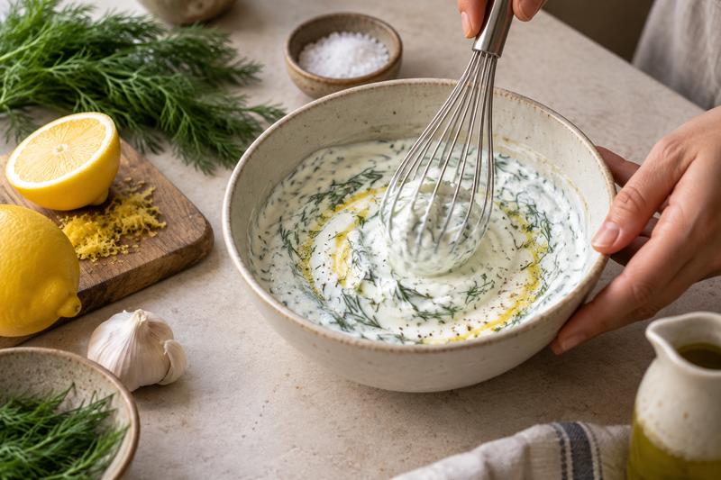 Rør dressing og anret – Sprød kartoffelsalat med dild