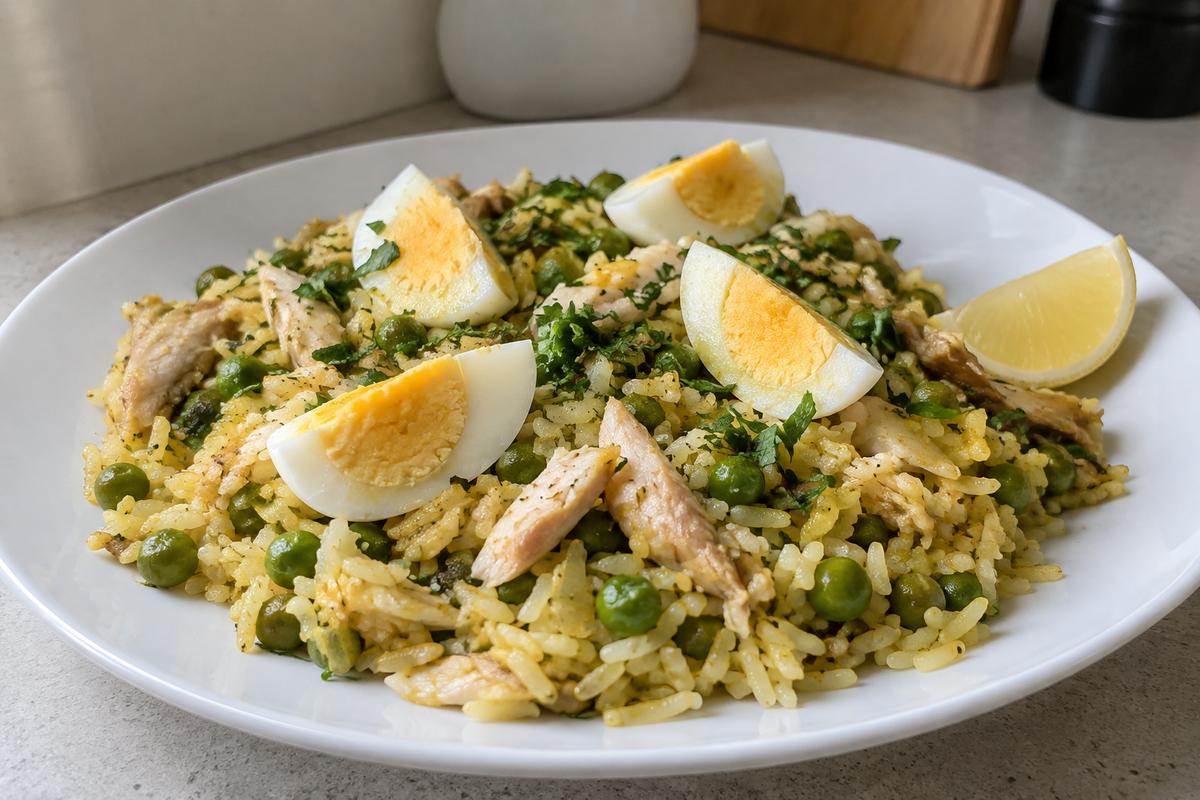 Kedgeree med varmrøget makrel og æg