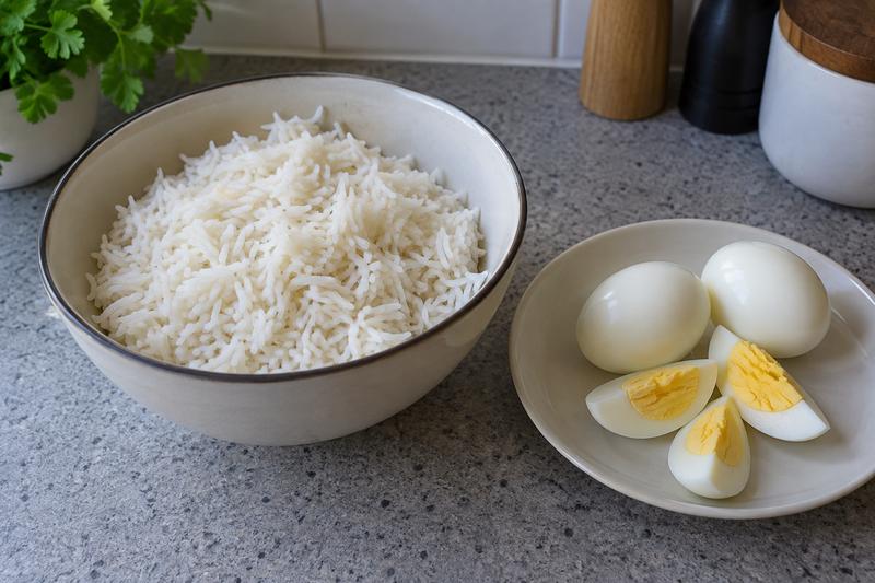 Kog ris og æg, og klargør fisken – Kedgeree med varmrøget makrel og æg