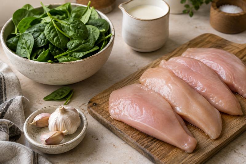 Klargør spinat og tynde fileter – Kylling med spinat og cremet parmesansauce