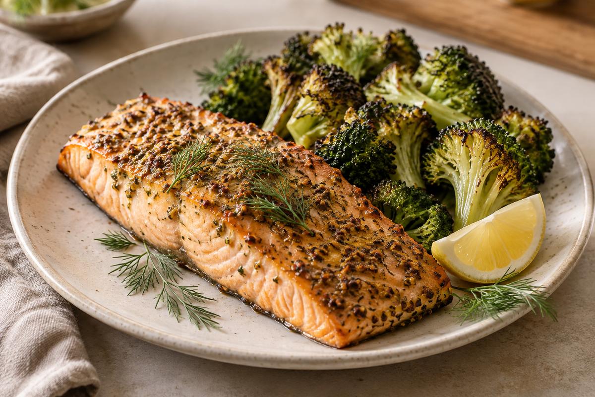 Sennepsbagt laks med broccoli og dild