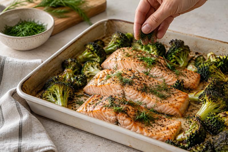 Bag færdigt og giv et grønt drys – Sennepsbagt laks med broccoli og dild