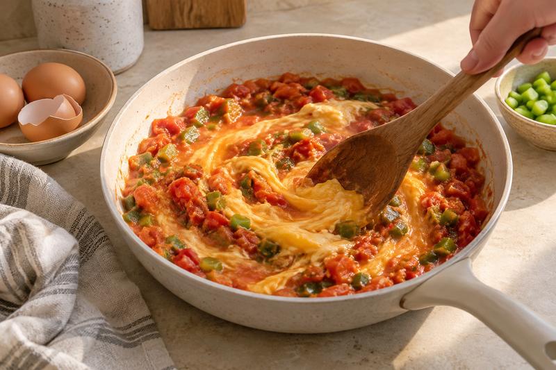 Fold æggene ind ved lav varme – Menemen med tomat og grøn peberfrugt