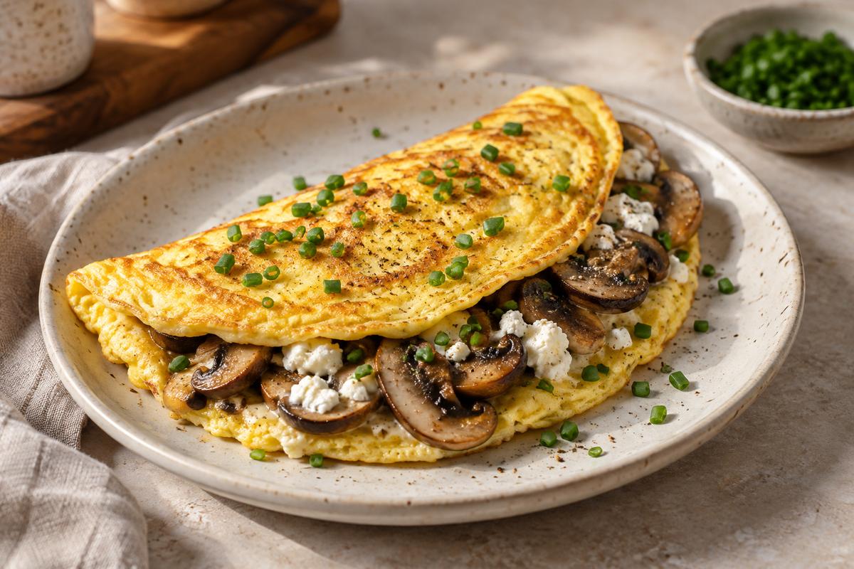 Omelet med svampe, gedeost og purløg