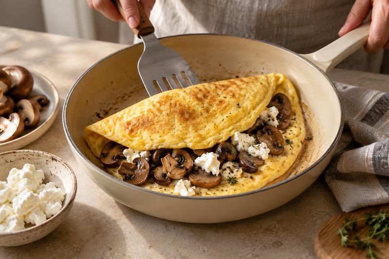 Bag tynde omeletter og fold fyldet ind – Omelet med svampe, gedeost og purløg