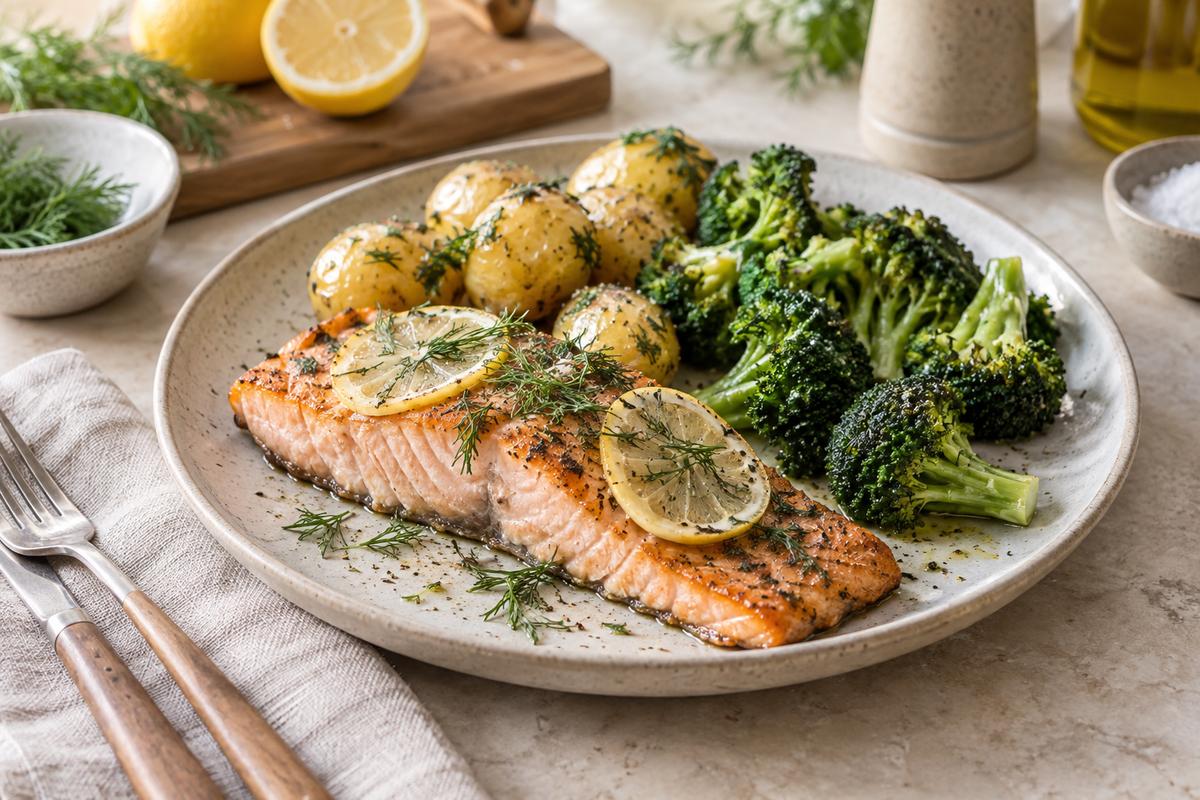 Ovnbagt laks med citron og broccoli