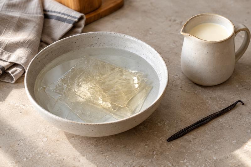 Udblød husblas og klargør vanilje – Panna cotta i glas med hindbærsauce