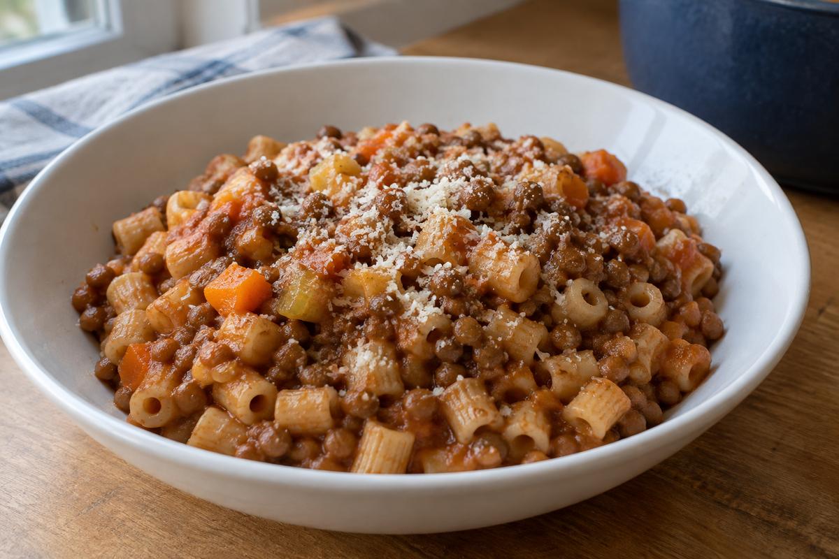 Pasta med linser, tomat og rosmarin