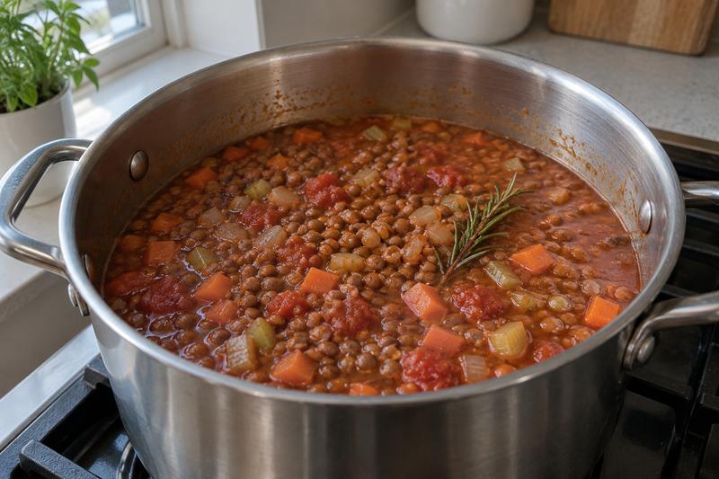 Lad linserne blive helt møre – Pasta med linser, tomat og rosmarin