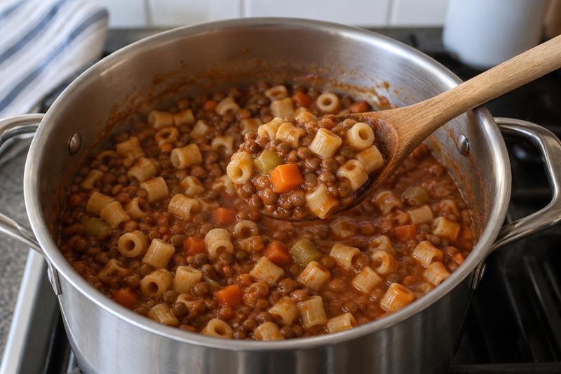 Kog pastaen i samme gryde – Pasta med linser, tomat og rosmarin