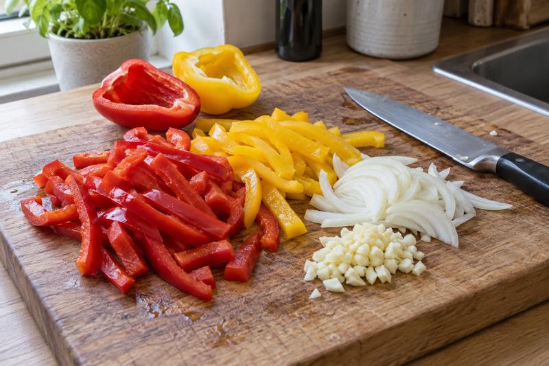 Skær grøntsagerne i strimler – Peperonata med peberfrugt og tomat
