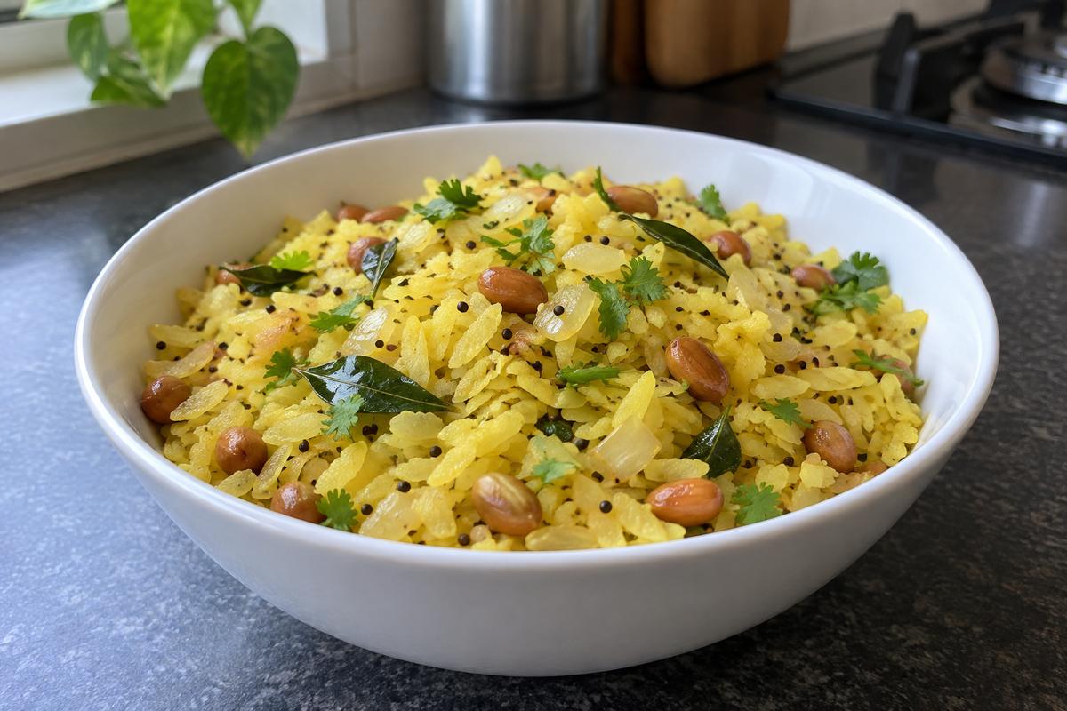 Poha med løg, peanuts og citron