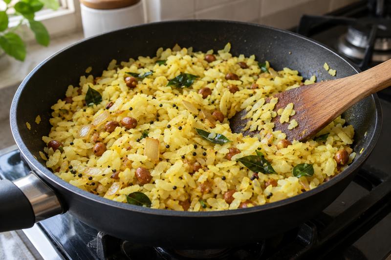 Vend sammen og servér – Poha med løg, peanuts og citron
