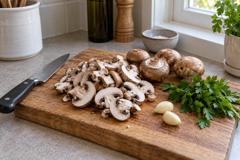 Gør svampe og urter klar – Cremet polenta med stegte svampe