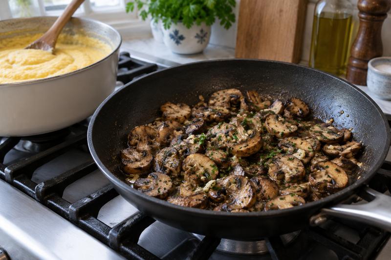 Brun svampene og servér straks – Cremet polenta med stegte svampe